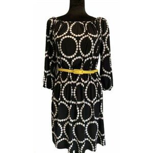 Tiana B Black w/White Circles Mini Dress w/Yellow Belt Size Small
